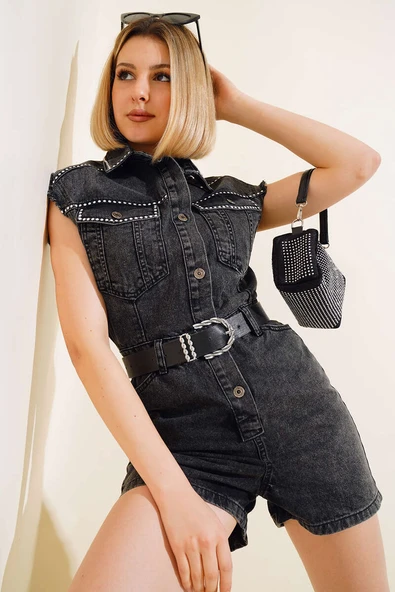 Zımba Detaylı Kot Tulum Füme ürün görseli 1