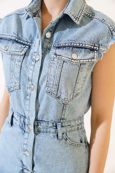 Zımba İşlemeli Kot Tulum Kar Yıkama - Resim 4