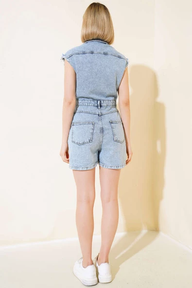 Zımba İşlemeli Kot Tulum Kar Yıkama - Resim 3