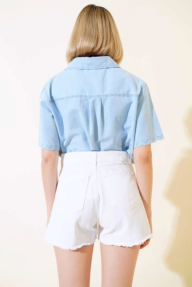 Püsküllü Kot Şort Etek Beyaz - Resim 3