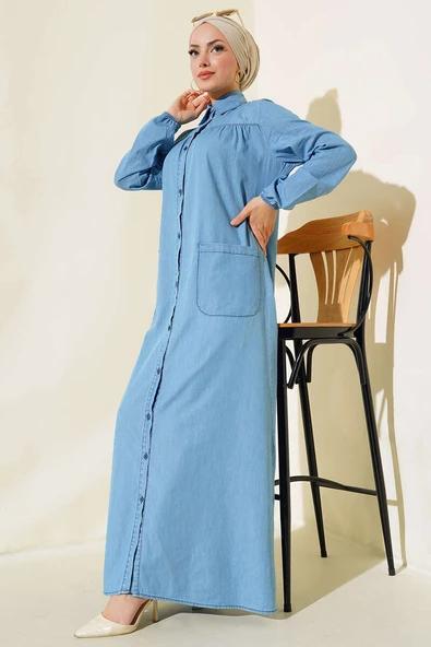 Boydan Düğmeli Kot Elbise Kot Mavisi ürün görseli 1