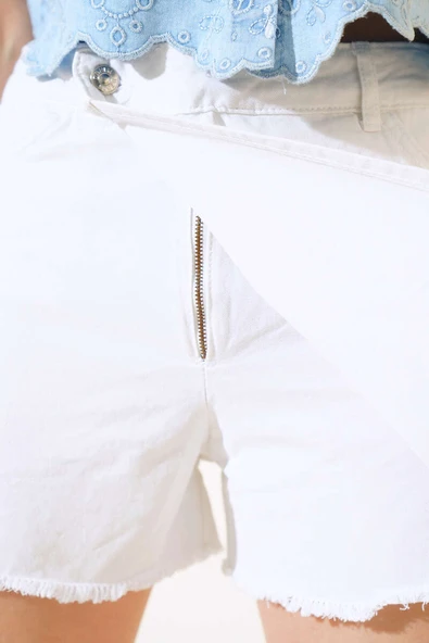Püsküllü Kot Şort Etek Beyaz - Resim 4