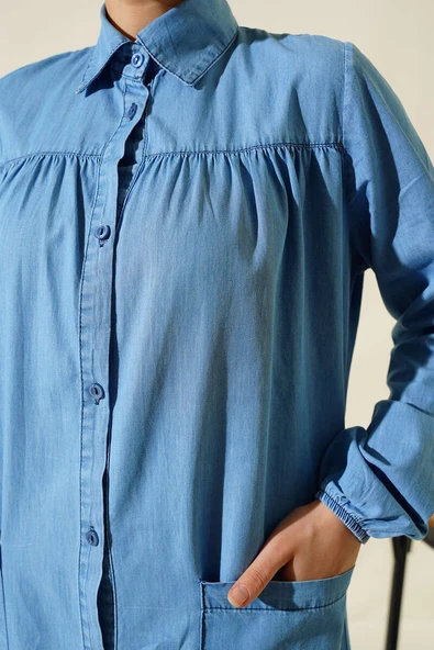 Boydan Düğmeli Kot Elbise Kot Mavisi - Resim 4