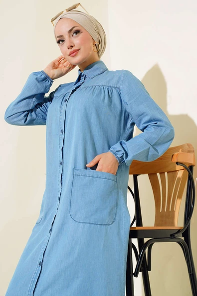 Boydan Düğmeli Kot Elbise Kot Mavisi - Resim 2