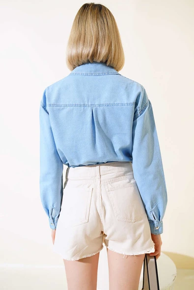 Püsküllü Kot Şort Etek Taş - Resim 3