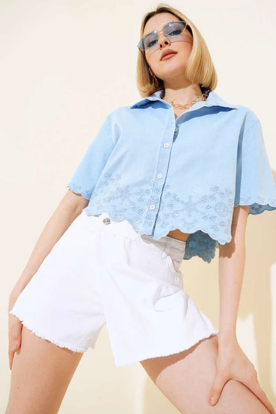 Püsküllü Kot Şort Etek Beyaz - Resim 2