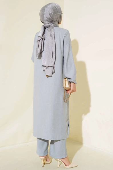 Hakim Yaka Düğmeli İkili Takım Gri - Resim 3