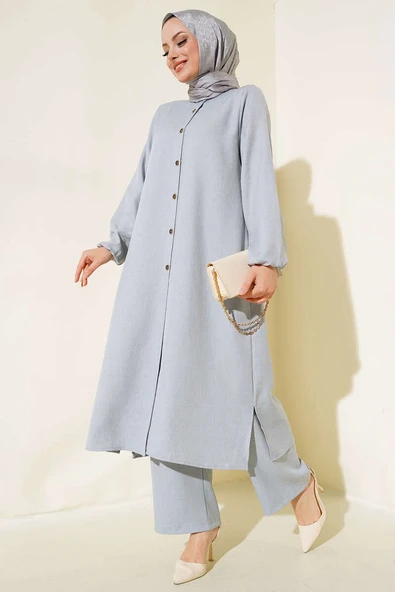 Hakim Yaka Düğmeli İkili Takım Gri - Resim 2