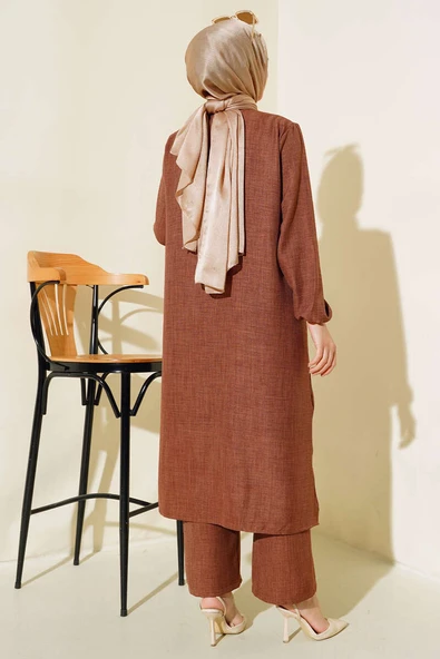 Hakim Yaka Düğmeli İkili Takım Kahve - Resim 3