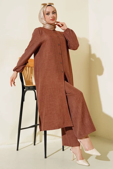 Hakim Yaka Düğmeli İkili Takım Kahve ürün görseli 1