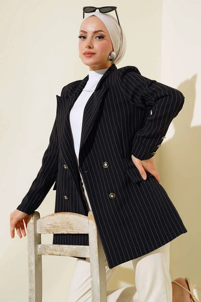 Çizgili Blazer Ceket Siyah - 1