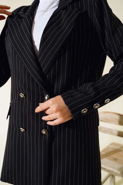 Çizgili Blazer Ceket Siyah - Resim 4