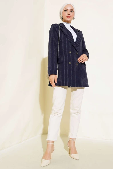Çizgili Blazer Ceket Lacivert - 2