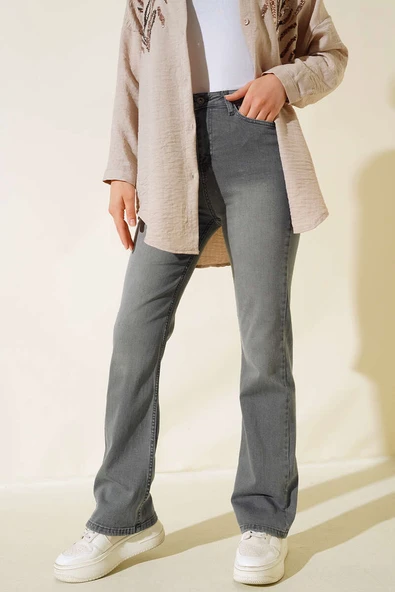 Boru Paça Likralı Kot Pantolon Açık Gri ürün görseli 1