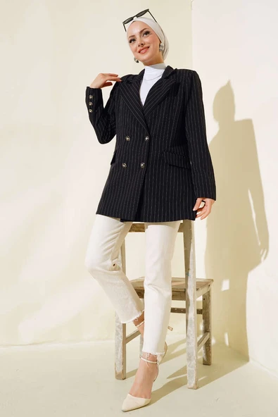Çizgili Blazer Ceket Siyah - Resim 2