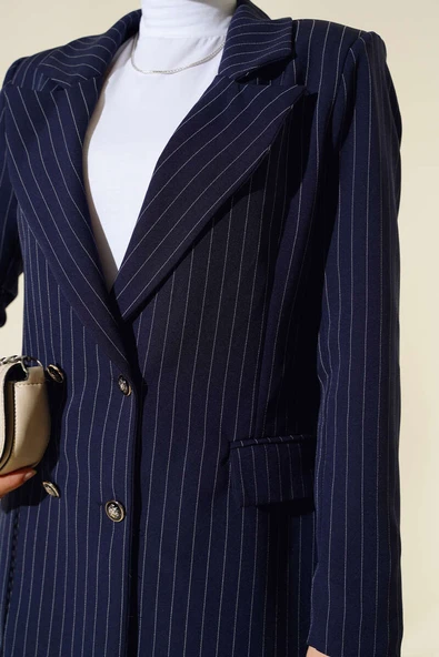 Çizgili Blazer Ceket Lacivert - Resim 4