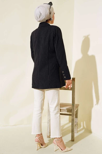 Çizgili Blazer Ceket Siyah - 3