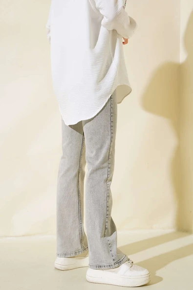 Boru Paça Likralı Kot Pantolon Açık Kar Gri - Resim 3