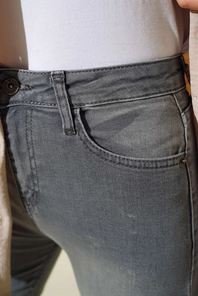 Boru Paça Likralı Kot Pantolon Açık Gri - Resim 4