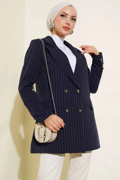 Çizgili Blazer Ceket Lacivert ürün görseli 1