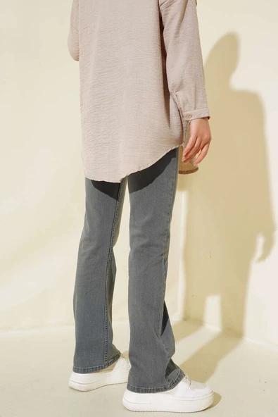 Boru Paça Likralı Kot Pantolon Açık Gri - Resim 3