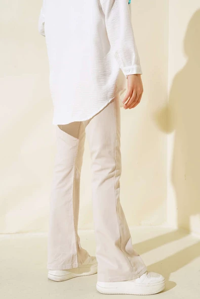 İspanyol Paça Yüksek Bel Bej Jean Pantolon - 3