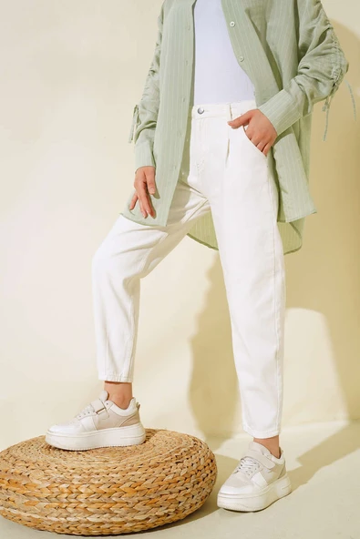 Paça Pensli Jean Pantolon Ekru ürün görseli 1