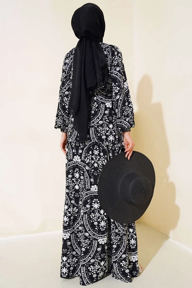 Desenli Bel Tünelli Elbise Siyah - Resim 3