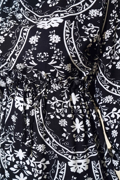 Desenli Bel Tünelli Elbise Siyah - Resim 4