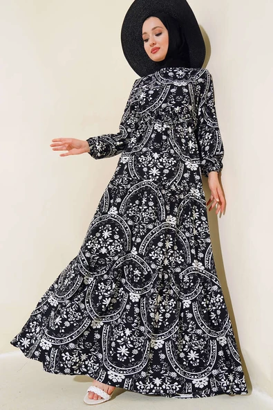 Desenli Bel Tünelli Elbise Siyah ürün görseli 1