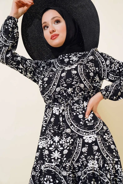 Desenli Bel Tünelli Elbise Siyah - Resim 2