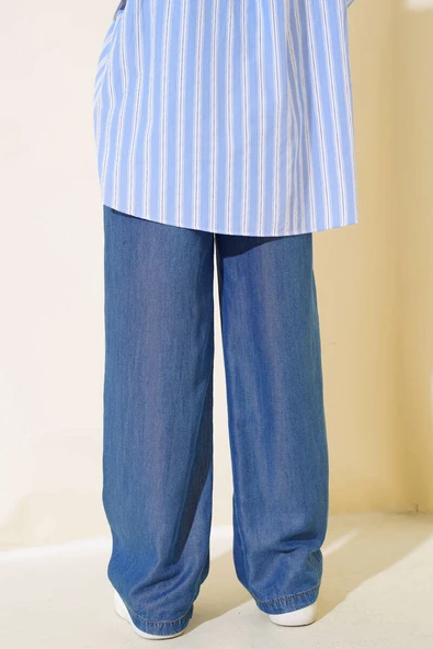 Uzun Salaş Bel Lastikli Kot Pantolon Koyu Mavi - Resim 3