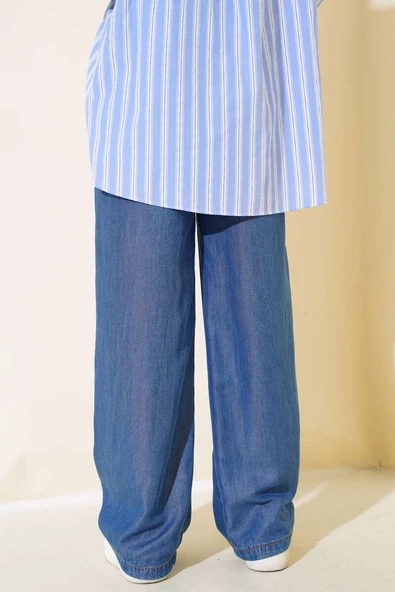 Uzun Salaş Bel Lastikli Kot Pantolon Koyu Mavi - 3