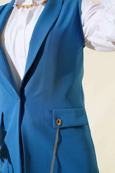 Önü Düğmeli Yelek İndigo - Resim 4