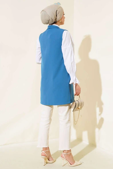 Önü Düğmeli Yelek İndigo - Resim 3