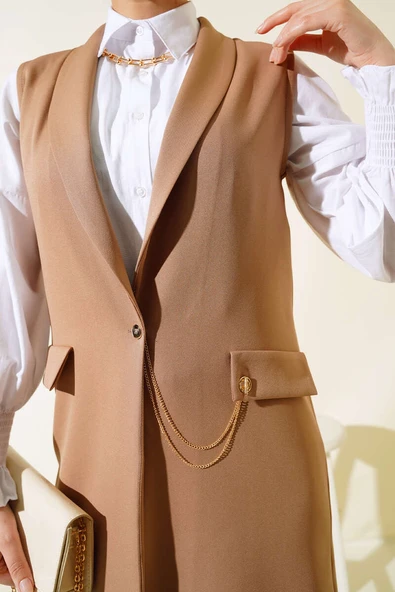 Önü Düğmeli Yelek Camel - Resim 4