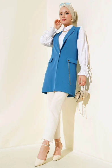 Önü Düğmeli Yelek İndigo - Resim 2