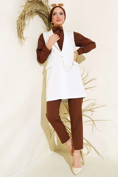 Önü Düğmeli Yelek Ekru - Resim 2