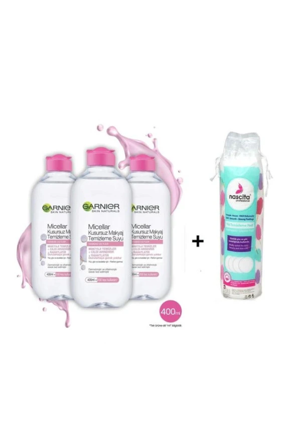 Garnier Micellar Kusursuz Makyaj Temizleme Suyu 400 ml x 3 Adet - Disk Pamuk 70'li