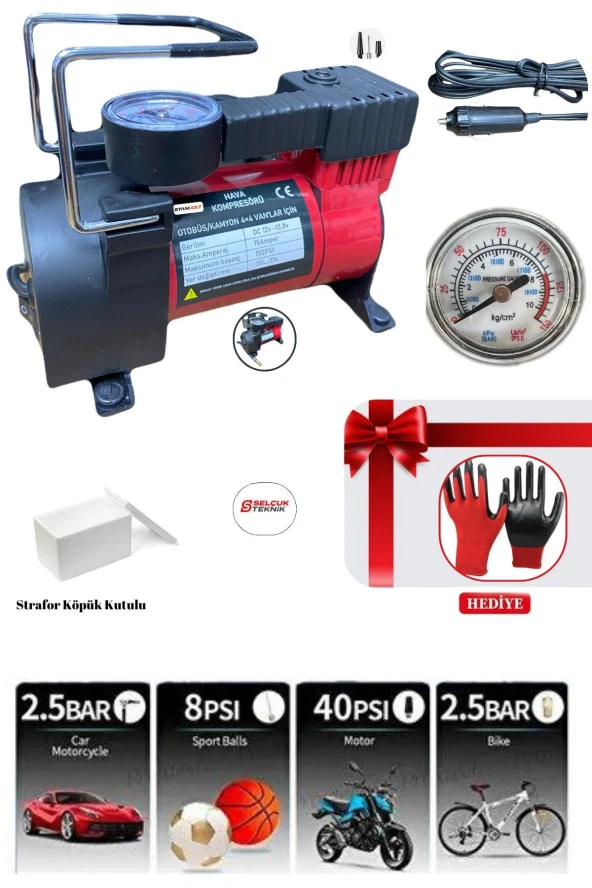 Araba Oto Araç Lastik Şişirme Pompası 150 Psi Metal Gövde Kompresör