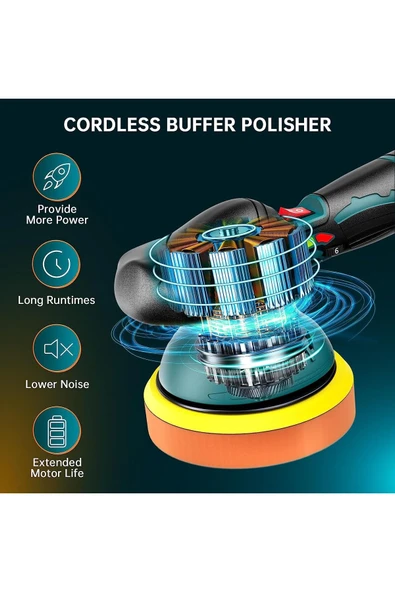 Orbital Kablosuz Akülü Lityum 2x Batarya 6 Devir Ayarlı Detay Pasta Cila Polisaj Makinesi Ful Takım - 4