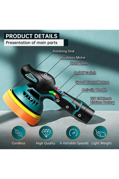 Orbital Kablosuz Akülü Lityum 2x Batarya 6 Devir Ayarlı Detay Pasta Cila Polisaj Makinesi Ful Takım - 3