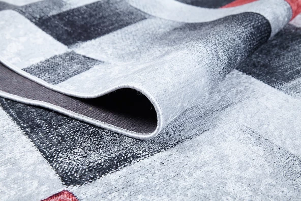 Halı Atölyesi Gri Salon&Yolluk Dijital Baskılı Makinede Yıkanabilir Kaymaz Taban Saçaklı Halı HA338 - Resim 3