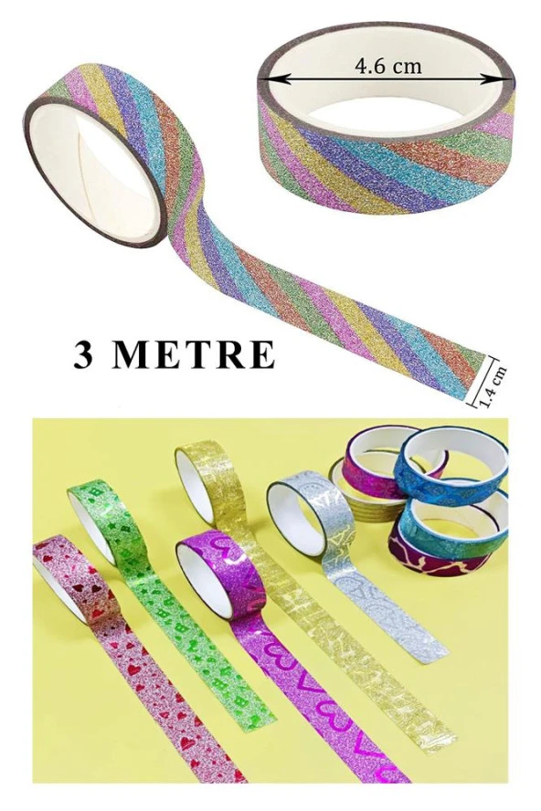 Renkli Desenli Simli Bant 3 Adet Smli Hologramlı Bant 3 Metre Hobi Bantı Farklı Renklerde Gönderim - 2