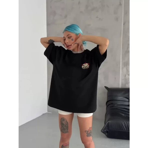 Lucky Life Unisex Bisiklet Yaka Baskılı Oversize T-Shirt - Siyah