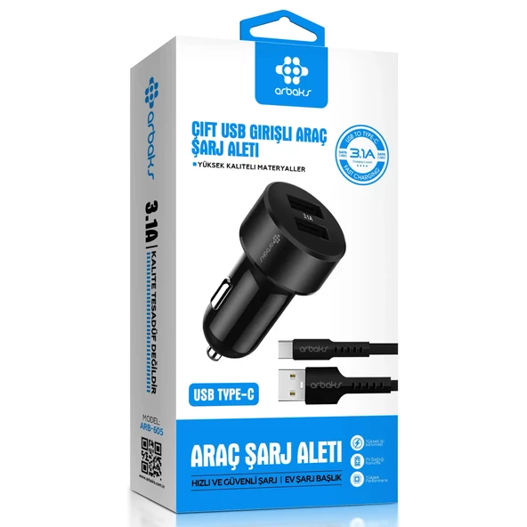 3.1A Çift Usb Girişli (Type-c) Kablolu Araç Şarj Aleti Arbaks ARB-605