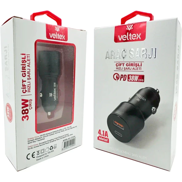 4.1A 38W PD + QC3.0 USB Hızlı Araç Şarj Metal Başlığı Veltex VTX104