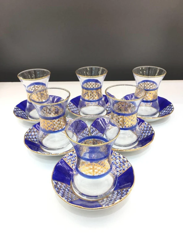 YILDIZ 6'LI DESENLİ PORSELEN & CAM ÇAY SETİ KOBALT