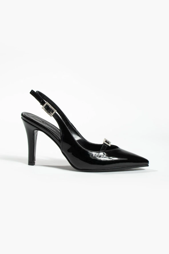 Velero Siyah Rugan Kadın Sivri Burun Topuklu Ayakkabı