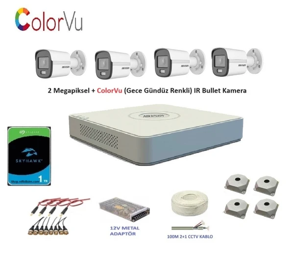 Hikvision 2mp 4 kameralı Dış ortam AHD HD-TVI ColorVu Gece Renkli Kamera Seti 1TB Disk ürün görseli